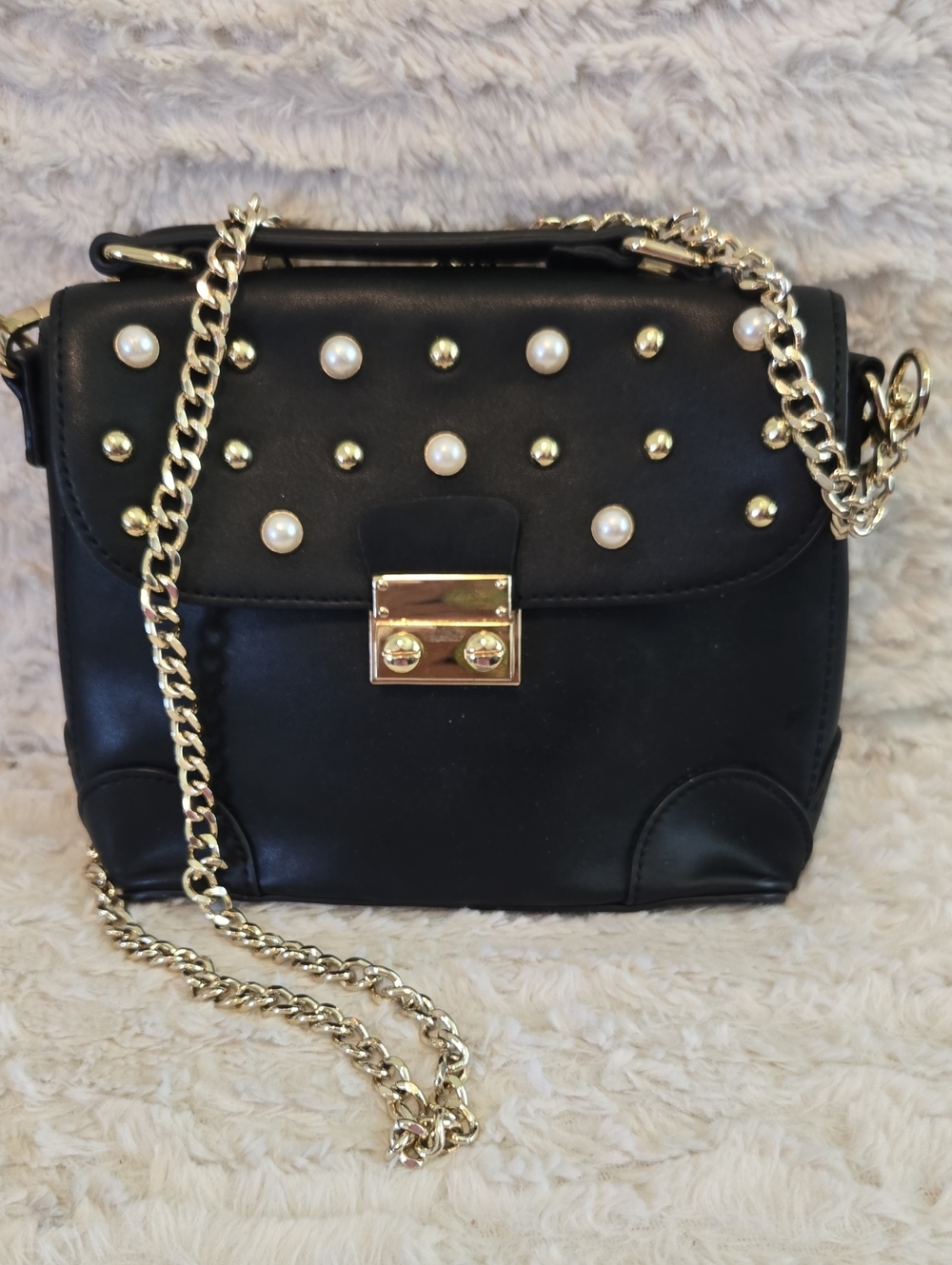 Express Black Crossbody Bag with Pearl & Gold Stud Accents